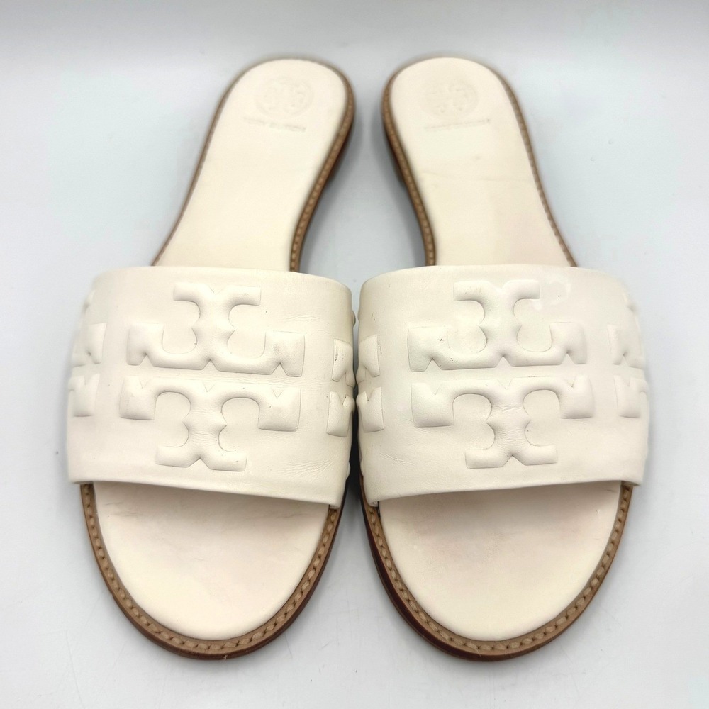 Tory Burch Slide Sandals Women 8.5 White Leather Embossed Logo 88344 Brazil